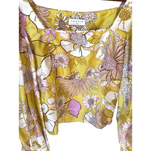 SANDRO NWT Ginger Blouse Yellow Green Size 0 Floral Print Silk Twill Square Neck - Picture 5 of 14